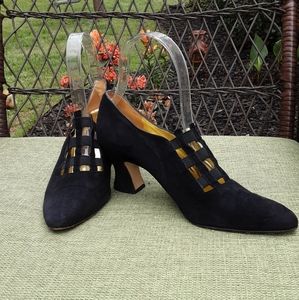 Sesto Meucci Black Suede Heels with Gold Accents